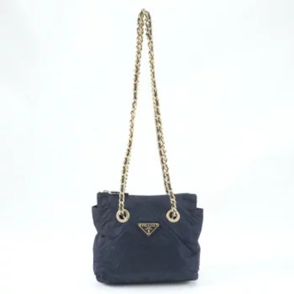 Prada Tessuto Quilted Triangle Chain Shoulder Bag Navy Blue